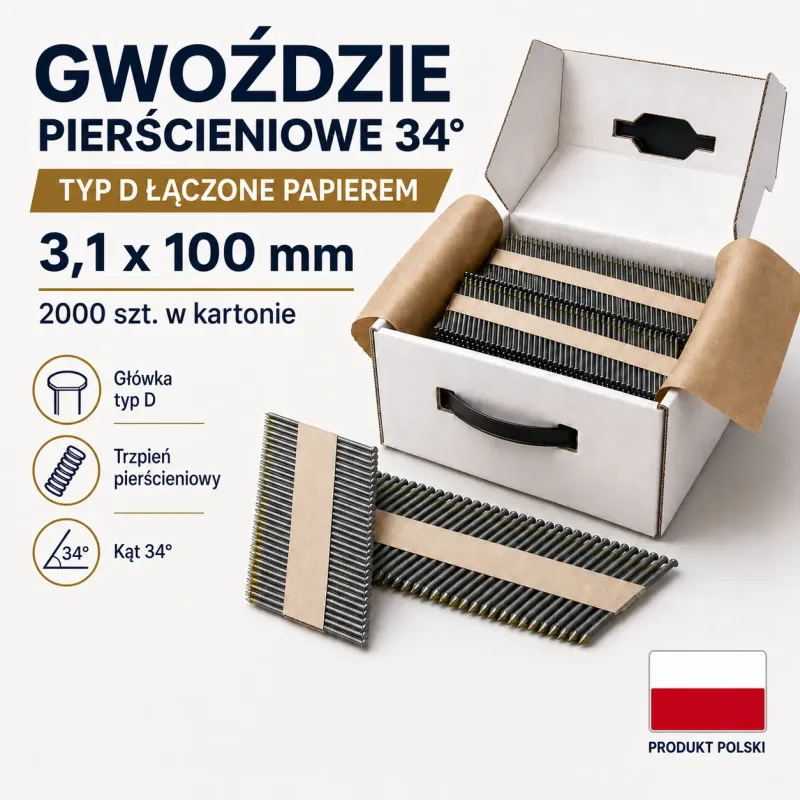 Gwoździe pierścieniowe 34° typ D łączone papierem 3,1 x 100 - 2000 szt.